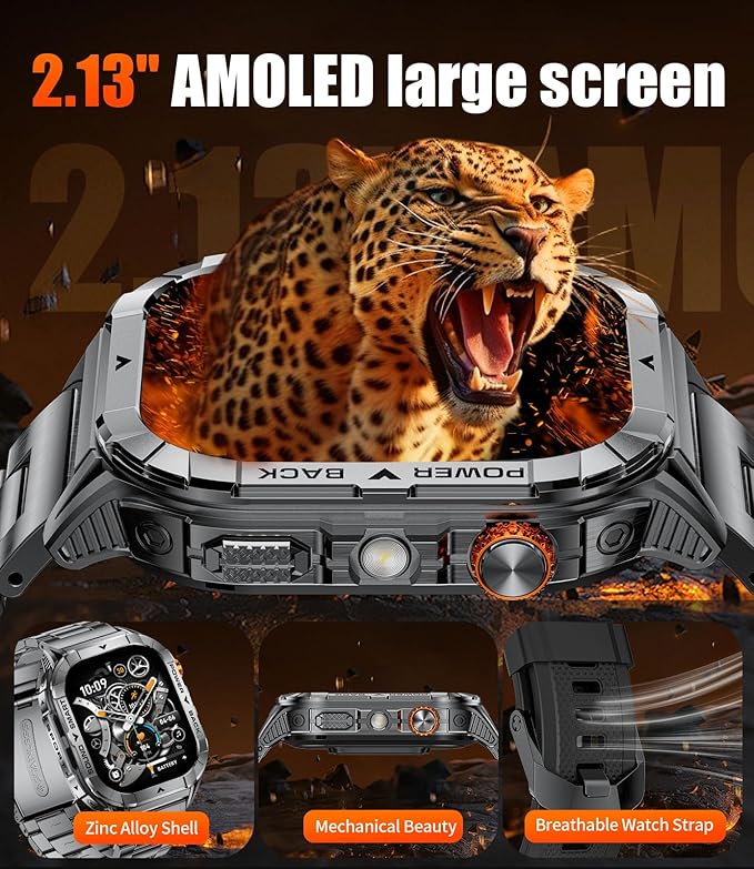 SUNKTA EF17 Military Smart Watch for Men, 2.13'' Amoled HD Display Fitness Tracker Watch with LED Flashlight, Pedometer/100+ Sport Modes/Sleep/5ATM Waterproof Smartwatch, iOS Android Smart Watches