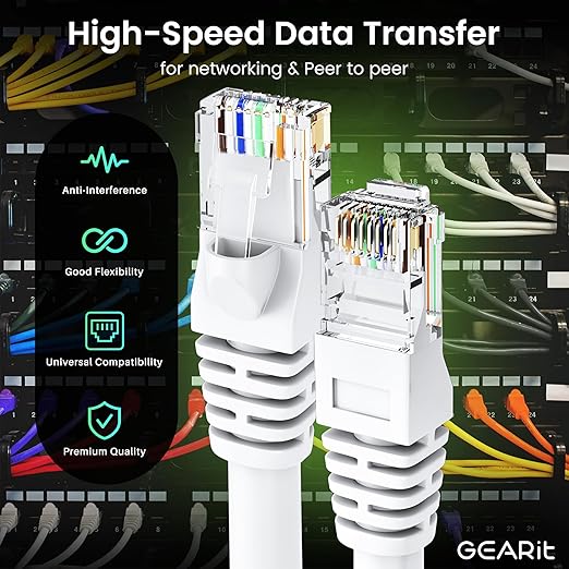 GEARit Cat 6 Ethernet Cable (24-Pack 7 Feet) Cat6 Network Patch, 10Gbps, RJ45, Snagless Cord, Gold-Plated Connectors, Internet for PC, TV, Tablet, Router, Printer, Servers, IT Data Center - White