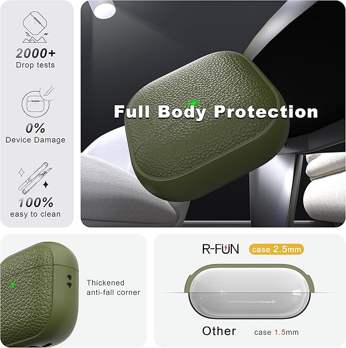R-fun for Airpods 4 Case, Soft TPU (Leather-Like Design) Drop Protection Cover for Men and Women with Lanyard and Cleaner Kit, Compatible with Apple Latest Airpods 4th Gen(USB-C)(2024)-Army Green