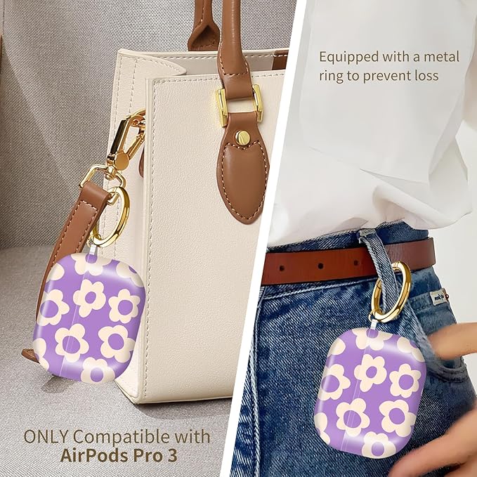 Compatible with AirPods Pro 3 (2025) Case, Airpod Pro 3 Protective Cover with Cute Golden Keychain for Girls & Women (Cute Groovy Purple Flower)
