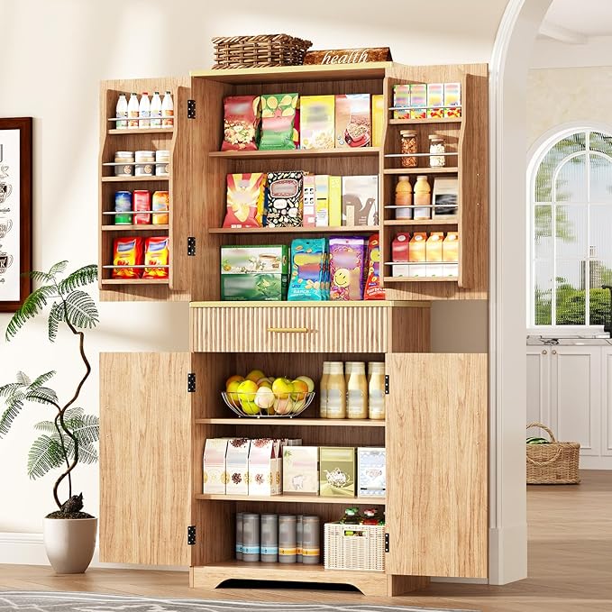 Fluted Pantry Cabinet, 71" Tall Modern Storage Cabinet with 4 Doors, Organizer, Drawer and 8 Door Shelves, Wood Cupboard for Kitchen, Dining Room, Living Room and Bathroom, Natural Oak