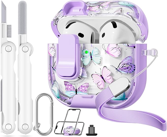 with Safety Lock for Apple AirPods 4 Case,Clear Floral Cute AirPod 4th Generation Case with Phone Stand & Cleaning Kit for Women Girly-Purple+Butterfly