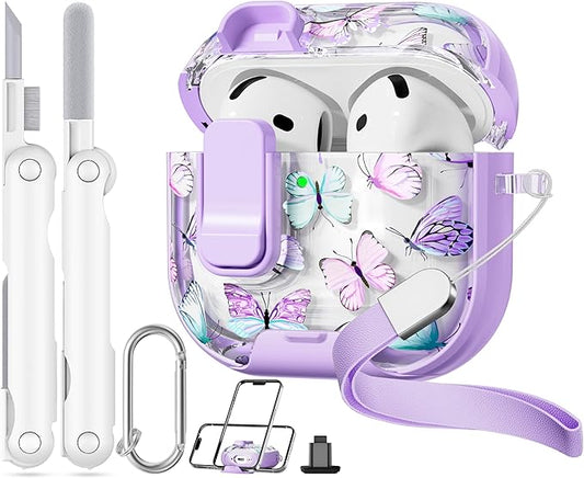 with Safety Lock for Apple AirPods 4 Case,Clear Floral Cute AirPod 4th Generation Case with Phone Stand & Cleaning Kit for Women Girly-Purple+Butterfly