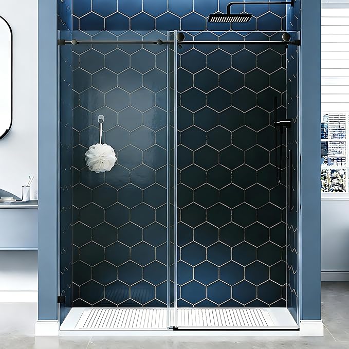 Frameless Shower Door, 44-48" W x 76" H 8mm Single Sliding Shower Door with 5/16" Clear Tempered Glass, Bathroom Glass Door for Walk-in Shower, Black