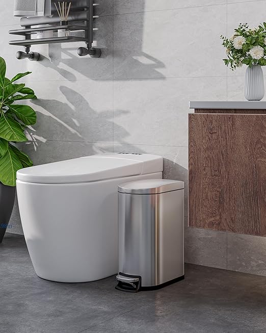 Stainless Steel Bathroom Trash Can with Lid, Slim Waterproof Garbage Can, Small Step-on Metal Trash Bin with Soft Close Lid, Inner Bucket & Rear Handle for Bathroom, Bedroom, Kitchen