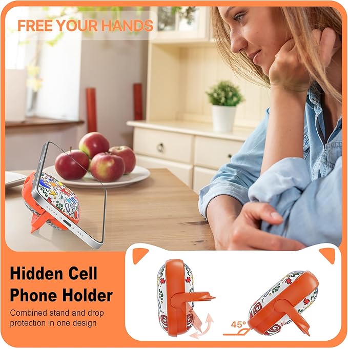 RFUNGUANGO AirPods 4 Case for Women Girly Cat Case with Lock, Phone Stand, Keychain & Cleaner Kit, Compatible with Apple Airpods 4th Generation Case Cover, Orange Graffiti