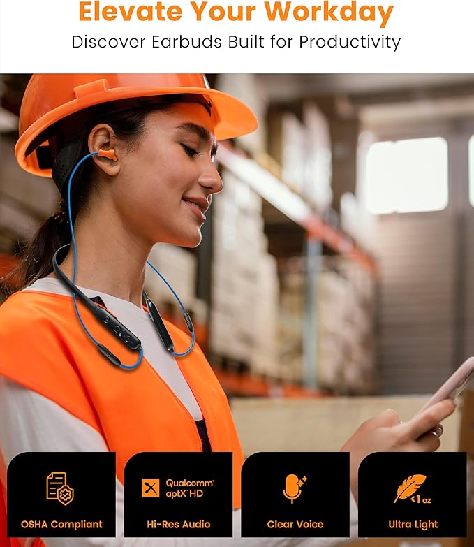 HomeSpot Noise Reduction Wireless Neckband Headphones with Replaceable Earbuds (Extra Set Included) - Qualcomm aptX HD, 27dB NRR, CVC Noise Cancelling Mic & 20H Playtime for Work Safety OSHA Compliant
