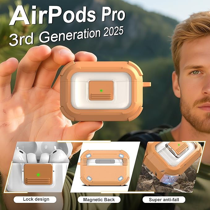 RFUNGUANGO for AirPods Pro 3 Case, Compatible with AirPods Pro 3 Generation Case (2025), Compatible with MagSafe, Magnetic Automatic Lock with Cleaner Kit and Keychain, Front LED Visible, Brown