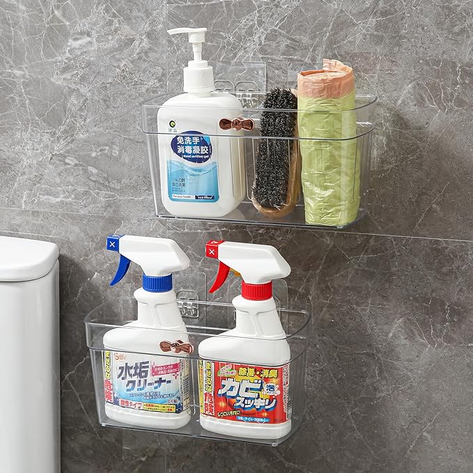 6 Pack Adhesive Cabinet Door Organizer, Compact Kitchen Under Sink Caddy, Plastic Bathroom Countertop Organizer Bins, Clear Pantry Storage Basket, Under Cabinet Seasoning Spice Rack