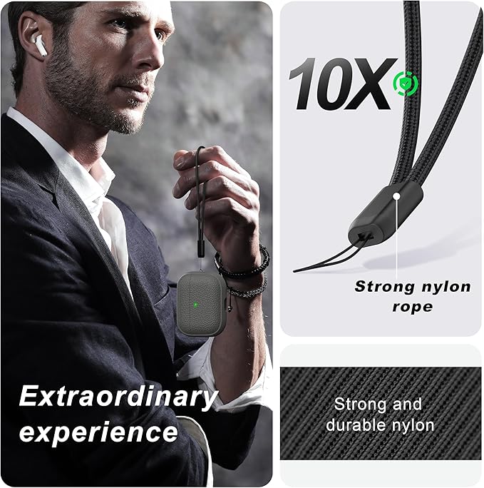 R-fun for AirPods Pro 3 Case 2025, Soft TPU (Leather-Like Design) Drop Protection Cover for Men and Women with Lanyard and Cleaner Kit, Compatible with Apple AirPods Pro 3rd Generation-Grey
