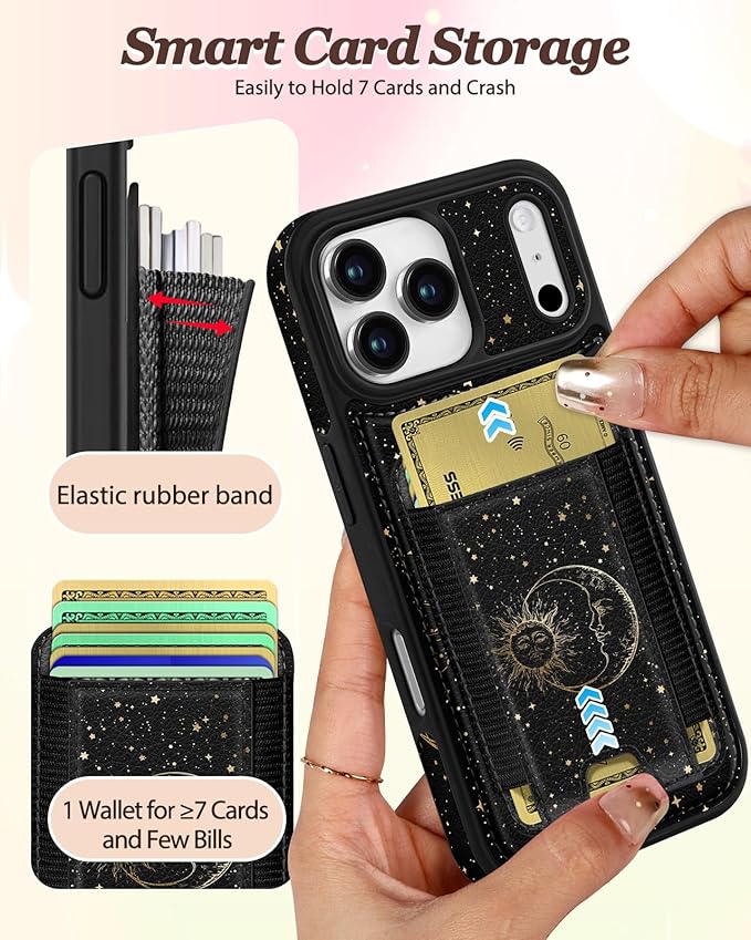Shorogyt for iPhone 17 Pro Max Case Wallet - Fits 5 Cards, Compatible with Magsafe Detachable Magnetic Credit Card Holder Leather Cardholder Cute Phone Cover Women Girls for Apple 17 ProMax, Sun Moon