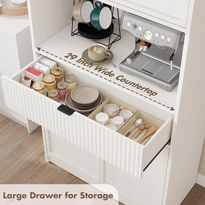 Garvee Tall Kitchen Pantry Cabinet, 70" Pantry Storage Cabinet with Countertop, Fluted Kitchen Hutch Cabinets with Doors and Drawer, Freestanding Cupboard for Dining Room, Living Room, Antique White