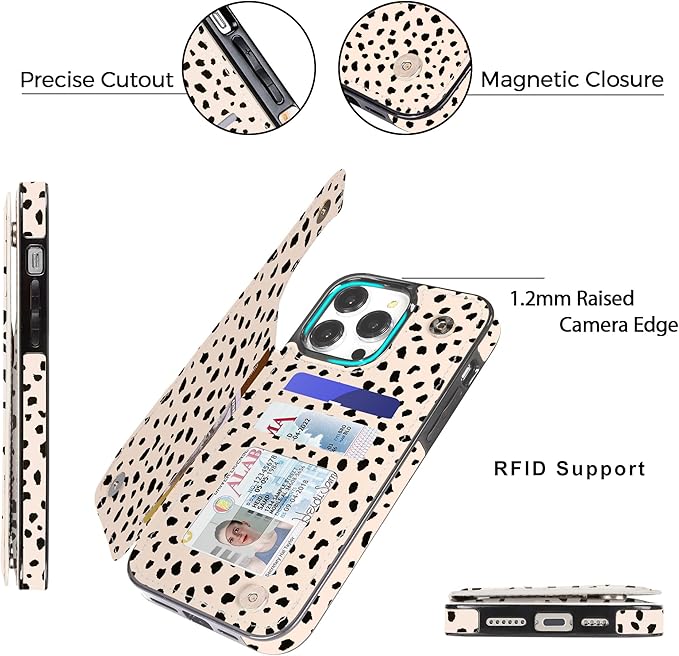 uCOLOR Compatible with iPhone 14 Pro 6.1 Inch Wallet Case with Card Holder Folio Flip PU Leather Kickstand Card Slots Case Double Magnetic Clasp and RFID Blocking Cover (Almond Latte Polka Dot)