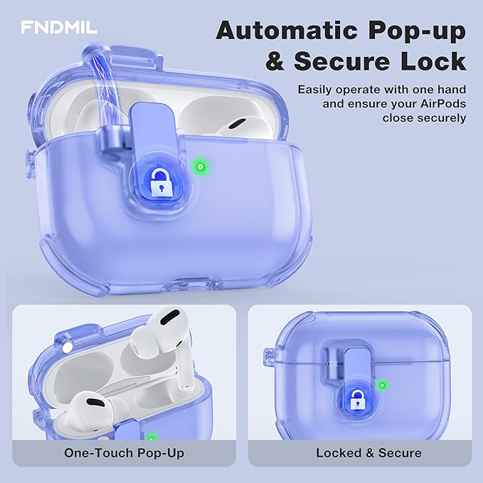 Case for AirPods Pro Case Cover with [Lock Safety & Pop Up][Military Shockproof] Anti-Yellow Transparent Soft TPU Wireless Charging for AirPods Pro Generation Case with Keychain,Clear Blue