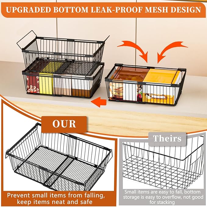 Large Freezer Organizer Bins，Upgraded Bottom Leak-Proof net，6 Pack， Expandable Stackable Chest Freezer Containers with Handle，for Fridge, Deep Freezer, Cabinet, Kitchen, Pantry (Black-6Pack)