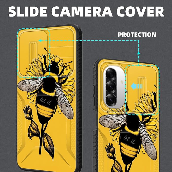 for Galaxy A26 5G Case Built in Slide Camera Lens Cover,Heavy Duty Shockproof Protection Dual Layer Case for Samsung Galaxy A26 5G 6.7" 2025,Honeybee Flower