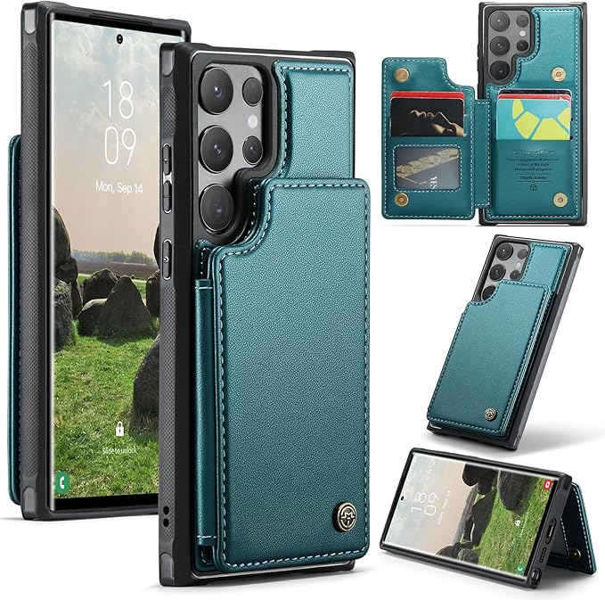 Bemal for Samsung Galaxy S24 Ultra Wallet Case with Card Holder, RFID Blocking, Shockproof Leather Kickstand for Men and Women, Durable Protective Phone Cover for 6.8", Bluish Green