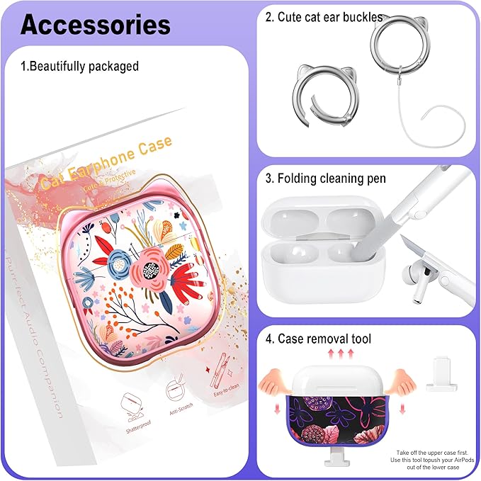 RFUNGUANGO AirPods Pro Case for Women Girly Cat Case with Lock, Phone Stand, Keychain & Cleaner Kit, Compatible with Apple Airpods Pro 2nd/1st Generation Case Cover, Purple Lotus