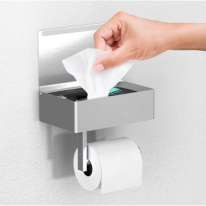 Day Moon™ Brushed Nickel Toilet Paper Holder with Shelf, Wipe Holder for Bathroom, Flushable Wipes Dispenser - Toilet Paper and Wipes Holder, Toilet Paper Holder with Storage