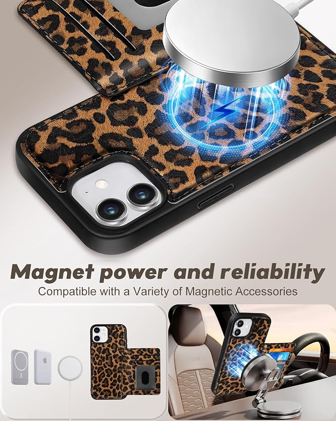 for iPhone 11 Case with Wallet - Fits 4 Card Slots, Compatible with MagSafe for Women Aesthetic Durable PU Leather Credit Card Holder Kickstand Phone Cover for Apple 11, Leopard
