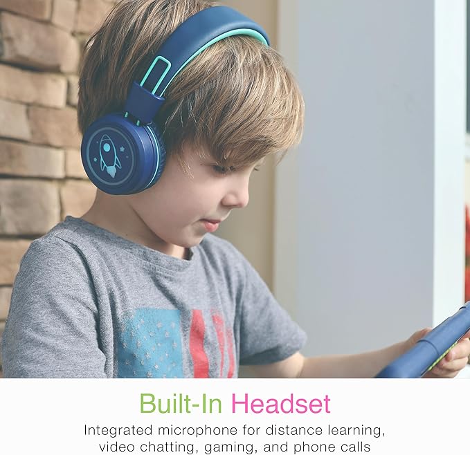 MEE audio KidJamz KJ55BT Personalized Bluetooth Wireless Safe Listening Headphones for Kids w/Custom LED-Backlit Design, Volume Limiter, Microphone; Kids Headset for School/iPhone/iPad/Tablet (Blue)