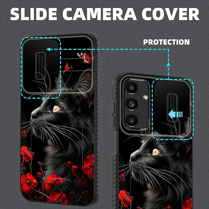 for Galaxy A16 5G Case Built in Slide Camera Lens Cover,Heavy Duty Shockproof Protection Dual Layer Case for Samsung Galaxy A16 5G 6.7" 2024,Black Cat Flowers and Butterflies