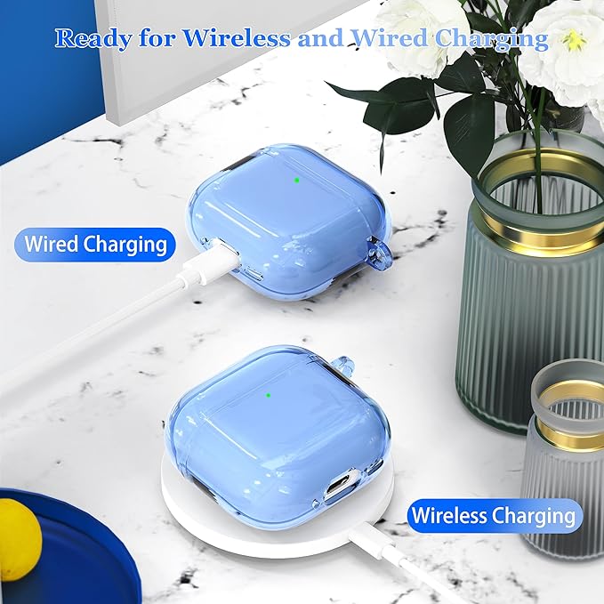 for AirPods 4th Generation Case Cover 2024, Military-Grade Shockproof, Soft TPU Highly Transparent Anti-Yellowing for AirPods 4 Case with Cleaning Kit & Cute Round Buckle, Clear Blue