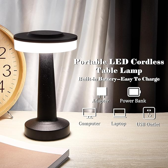 VIHOSE 8 Pcs Black Cordless Table Lamps LED Portable Rechargeable Table Lamp with Touch Sensor 3 Color Dimming up to 15 Hours Battery Desk Light for Restaurant Nursery Living Room