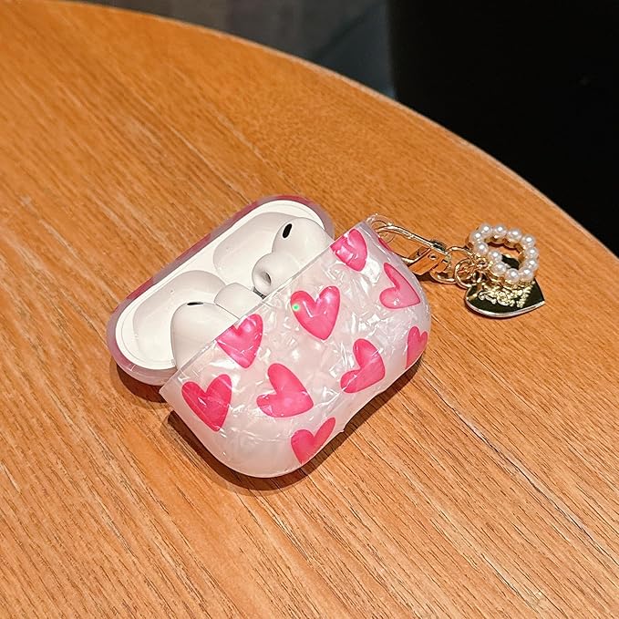 Compatible with Airpods Pro 2nd Generation Case Cute for Girls Women Romantic Love Shell Pearl Protective Cover with Keychain for Airpod Pro 2 Case (Hot Pink Hearts)