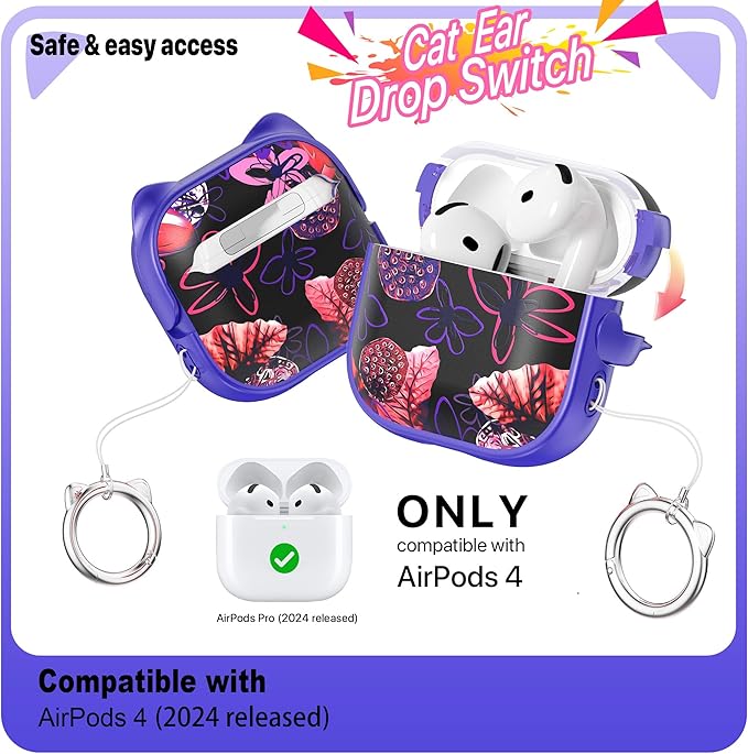 RFUNGUANGO AirPods 4 Case for Women Girly Cat Case with Lock, Phone Stand, Keychain & Cleaner Kit, Compatible with Apple Airpods 4th Generation Case Cover, Purple Lotus
