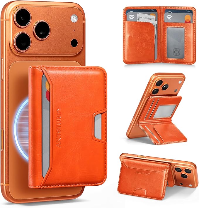Antsturdy for Magsafe Wallet Stand with Holder,PU Leather RFID Blocking Card Holder,5 Card Slots,Strong Magnet Minimalist Flip Folio Kickstand for iPhone 17/16/15/14/13/12/Pro/Max/Plus/Air,Orange