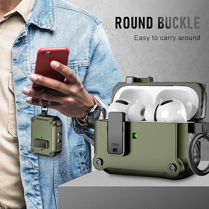 Maxjoy for Airpods Pro 3 Generation Case(2025), Secure Lock Clip Full Body Shockproof Hard Shell Protective Apple for Airpods Pro 3 Case Cover with Keychain Cleaner Kit for Men Women,Green