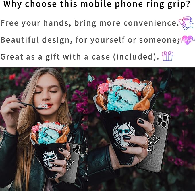 TACOMEGE Bee Cell Phone Ring Holder gift for girls women, Crystal Finger Ring Kickstand Compatible with Smartphone, Tablet, E-reader (Black)