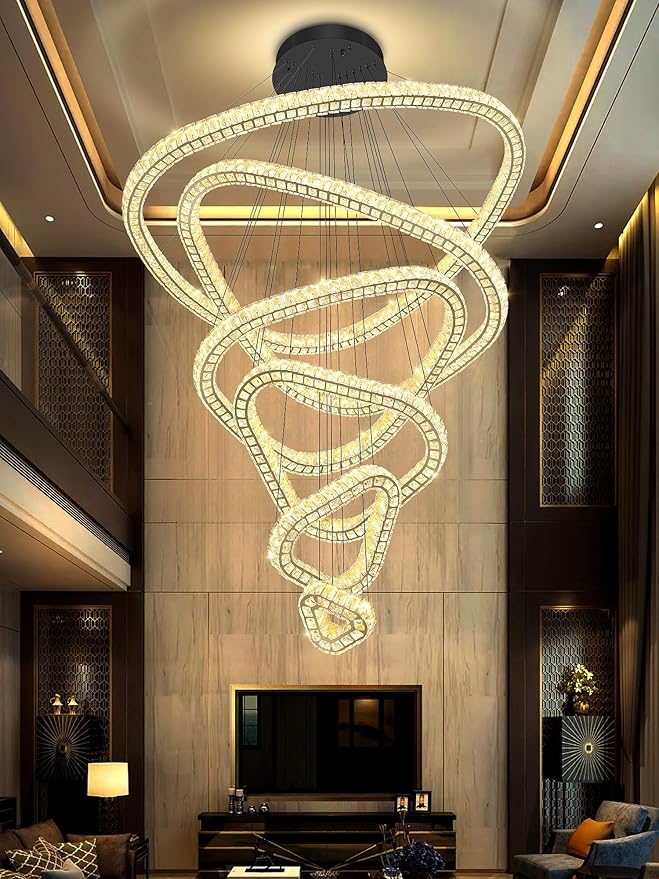 Flashing God Modern 6 Ring Crystal Chandeliers for High Ceiling Large Foyer Chandeliers LED Dimmable Crystal Ceiling Light Fixtures for Entryway Living Room Staircase Black