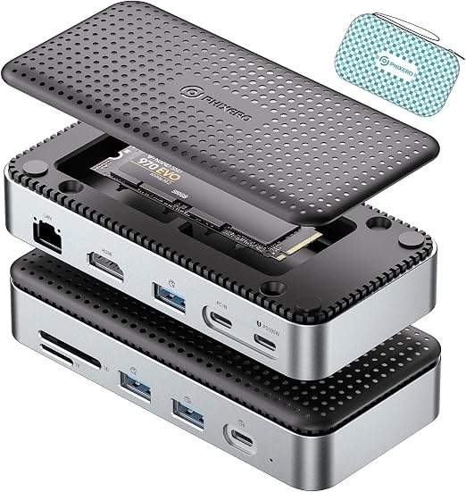 PHIXERO 11-in-1 Docking Station with M.2 NVME SATA SSD Enclosure, USB-C Hub with 10 Gbps USB-C/A Data Ports, 4K HDMI, PD 100W, 2* USB 3.0 Data, 1000M Ethernet, MicroSD & TF, for Laptop and More