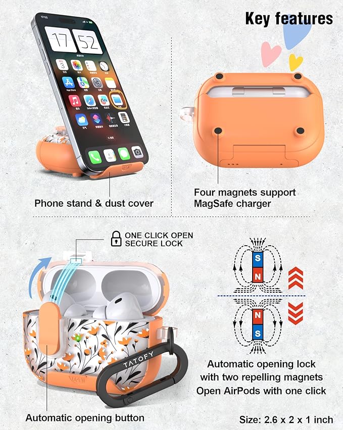 TATOFY for AirPod Pro 3 Case (2025) with Phone Stand Lanyard Lock Cleaning Kit, Compatible with Magsafe, Flowers Hard AirPods Pro 3rd Generation Cover for Women (Orange, AirPods Pro 3)