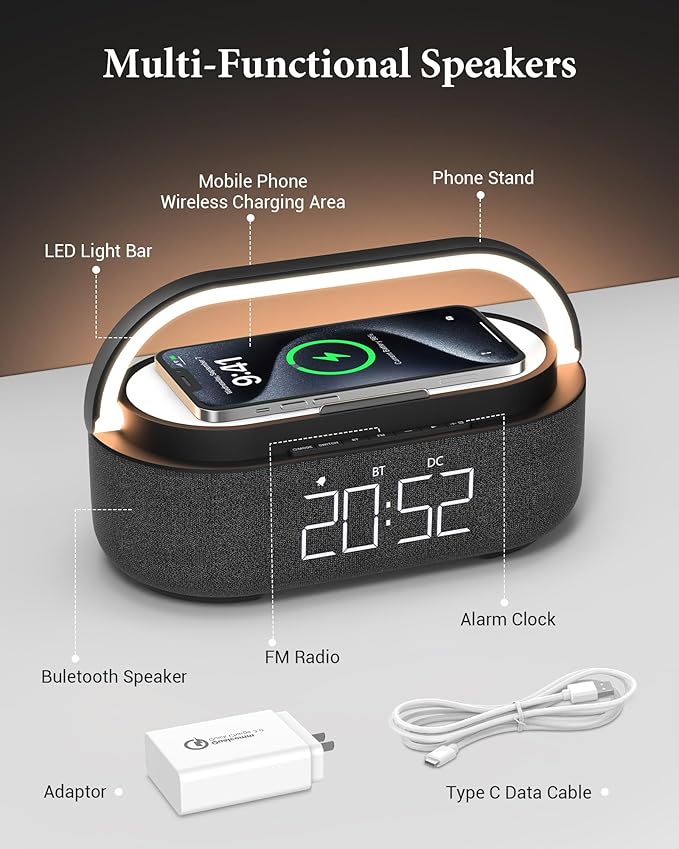 FREEFISH Bluetooth Speaker with Fast Wireless Charger,FM Radio,Touch LED Night Light,Phone Holder,Snooze,Portable Wireless Speaker for Bedrooms Office Home,Gifts (Black)