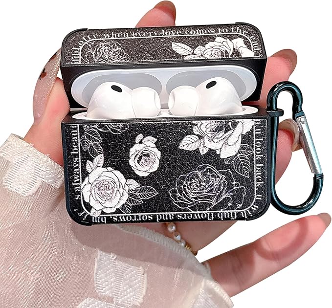 for AirPod Pro 3 Case 2025 for Women Girls Cute Retro Flower Design with Keychain PU Leather Squre Shockproof Protective Cover Compatible with AirPods Pro 3rd Gen Case (Rose Black)
