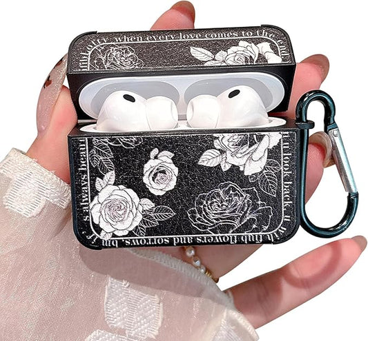 for AirPod Pro 3 Case 2025 for Women Girls Cute Retro Flower Design with Keychain PU Leather Squre Shockproof Protective Cover Compatible with AirPods Pro 3rd Gen Case (Rose Black)
