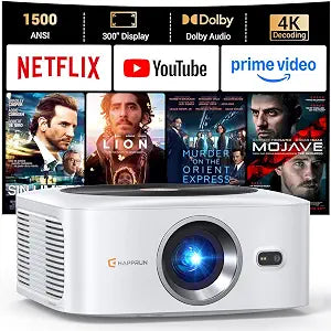 HAPPRUN Outdoor Smart Projector 4K Decoding, Built-in Apps, 30W Dolby Audio