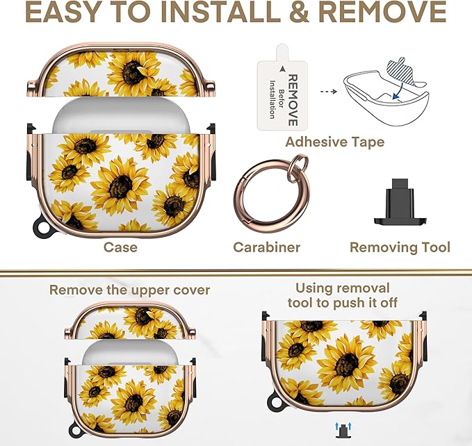 Maxjoy for AirPods 4 Case with Lock, Flower AirPods 4 Case Lock Protective Hard Cute AirPod 4 Generation Cover for Women Girly with Keychain Clip for AirPod 4th Generation Cover 2024, Sunflower