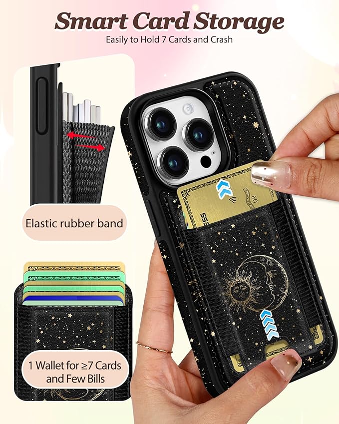 Shorogyt for iPhone 12 Pro Max Case Wallet - Fits 5 Cards, Compatible with Magsafe Detachable Magnetic Credit Card Holder Leather Cardholder Cute Phone Cover Women Girls for Apple 12 ProMax, Sun Moon