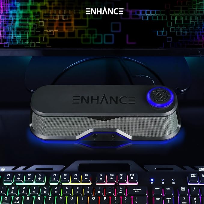 ENHANCE SB1 Computer Speakers High Excursion Soundbar - USB Powered Computer Sound Bar, Under Monitor Speaker with 10W Peak, LED Volume Control Knob, Headset Pass Through, Gaming Soundbar for PC