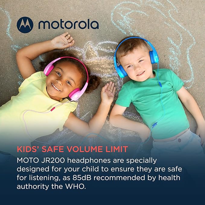 Motorola Sound Moto JR200 Headphones for Kids with Microphone - Over Ear Kid Headphones with Safe Volume Limit 85dB, Audio Splitter - Kids Wired Headphones for School, Home - Blue