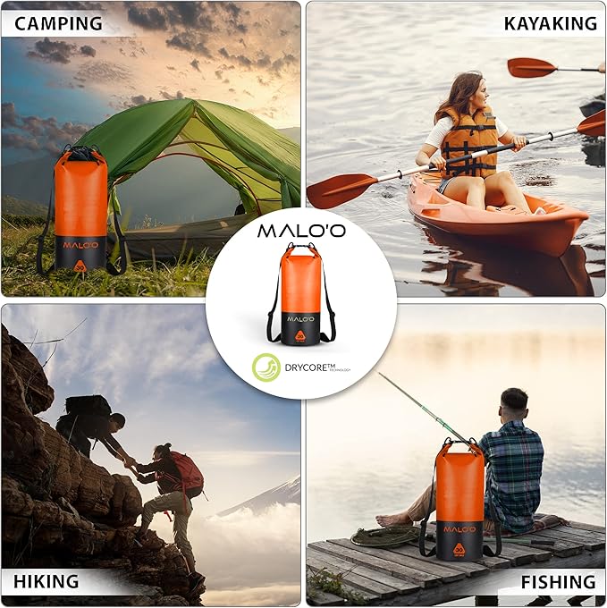 Malo?™o DryPack 30L Waterproof Kayak Dry Bag, Heavy Duty Roll-Top Dry Bag with MOLLE Grid and Carry Straps for Fishing, Paddle Boarding, Boating, Camping, and Travel, Orange
