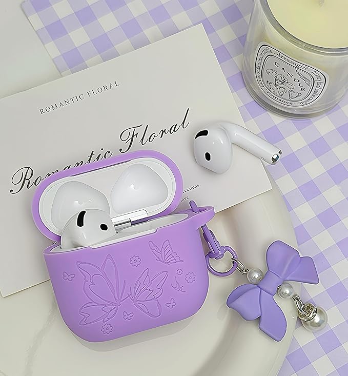 for Airpods 4 Case Cover with Bow Keychain, DamonLight Cute Flower Floral Engraved Silicone Protective Case Cover Compatible with Apple Airpods 4 Case 2024 for Women and Girls, Purple