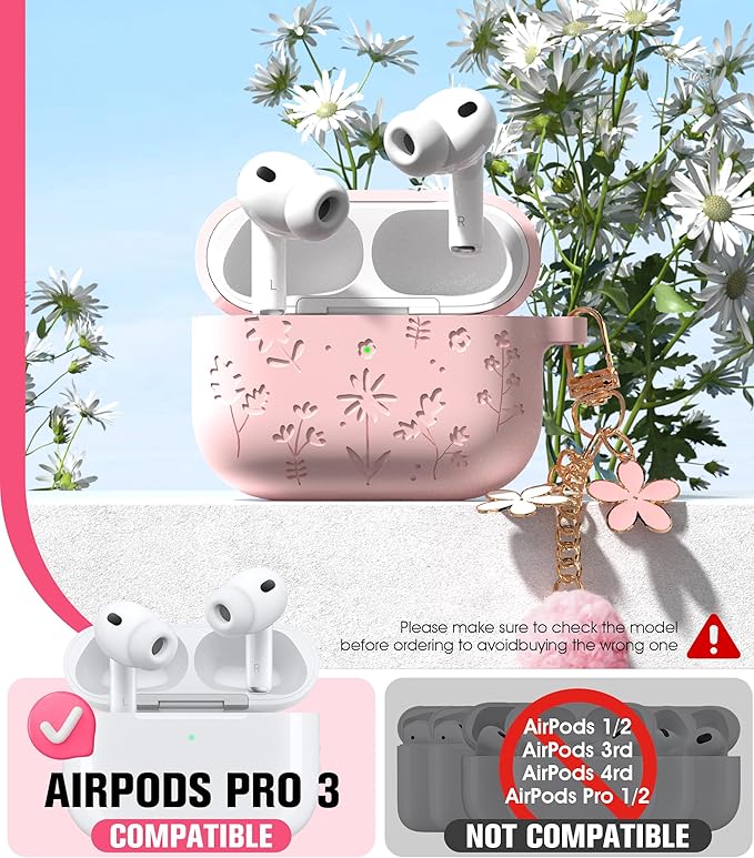 Seltureone Compatible with AirPods Pro 3 Case 2025 Cute with Cherry Blossom Keychain and Cleaning Kit, Soft Silicone Shockproof Flower Engraved Cover Compatible with AirPod Pro 3 Case Cover - Pink