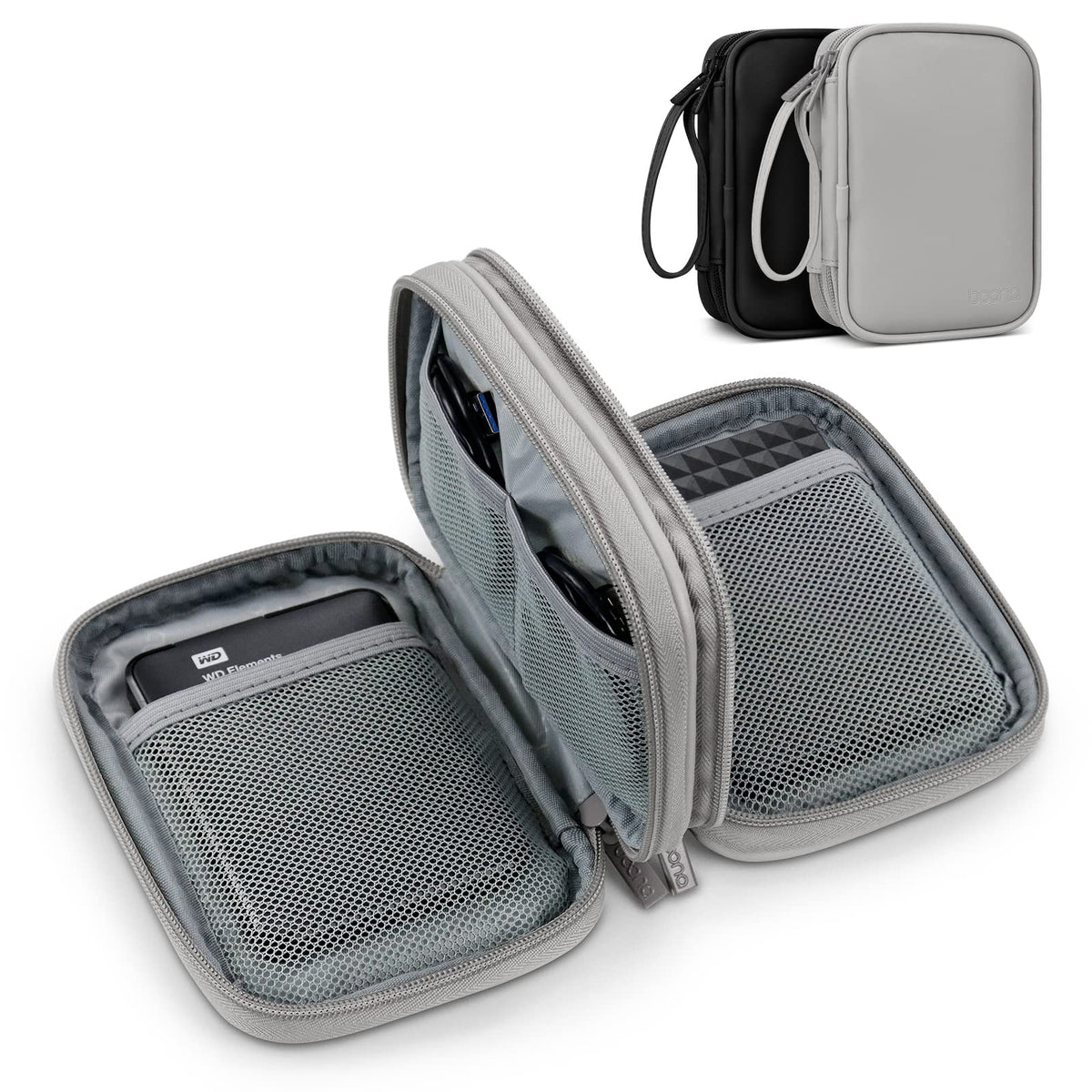 Dual Hard Drive Case Double Layers 2.5 inch External Drive Storage Carrying Bag Waterproof Shockproof for Organizing HDD and Electronic Accessories, PU Leather Gray