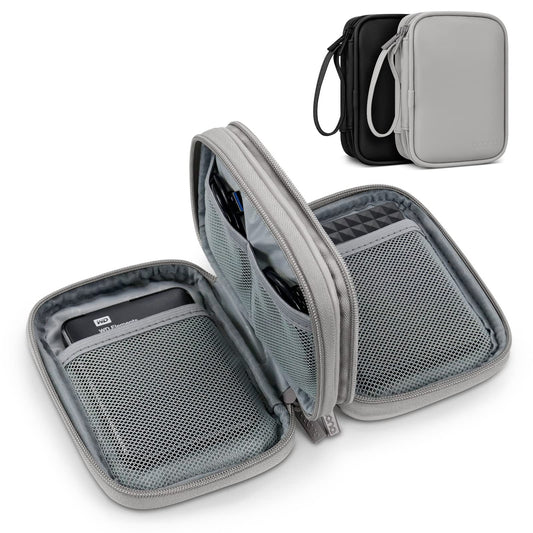 Dual Hard Drive Case Double Layers 2.5 inch External Drive Storage Carrying Bag Waterproof Shockproof for Organizing HDD and Electronic Accessories, PU Leather Gray