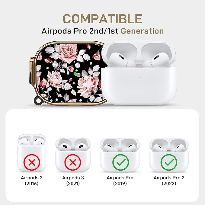 Maxjoy for AirPods Pro 2nd/1st Generation Case with Lock, Flower AirPods Pro 2 Case Lock Protective Hard AirPod Pro Cover for Women Girly with Keychain for Airpod Pro (2023/2022/2019), Rose